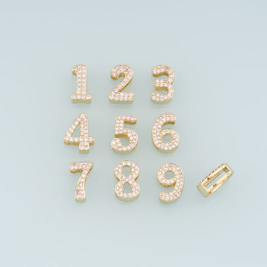 18K Gold Filled Number Pendant,CZ Side Hole Number Charm Bracelet Necklace for DIY Jewelry Making Supply