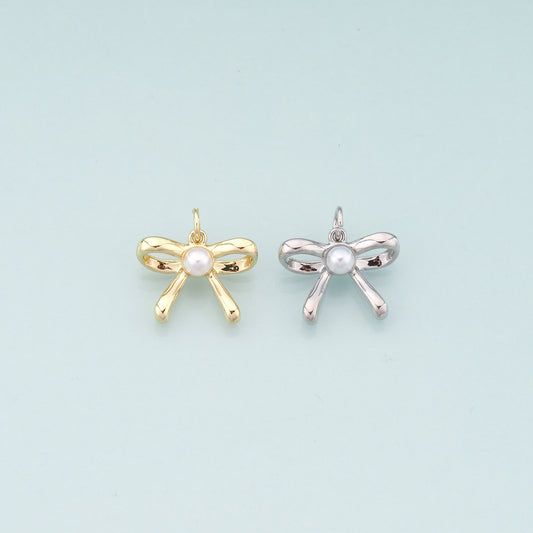 Gold Bow Charms,18K Gold Filled Pearl Bow Pendant,Bow Tie Charm Bracelet Necklace for DIY Jewelry Making Supply
