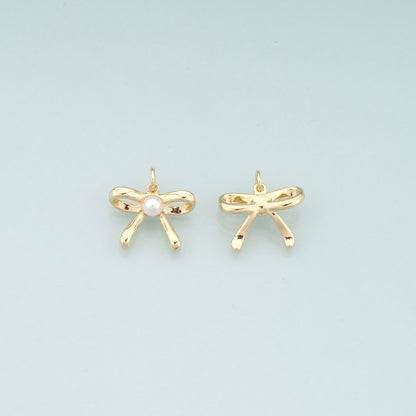 Gold Bow Charms,18K Gold Filled Pearl Bow Pendant,Bow Tie Charm Bracelet Necklace for DIY Jewelry Making Supply