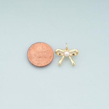 Gold Bow Charms,18K Gold Filled Pearl Bow Pendant,Bow Tie Charm Bracelet Necklace for DIY Jewelry Making Supply