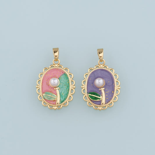 Gold Flower Charms,18K Gold Filled Oval Pearl Flower Pendant,Enamel Flower Charm Bracelet Necklace for DIY Jewelry Making Supply