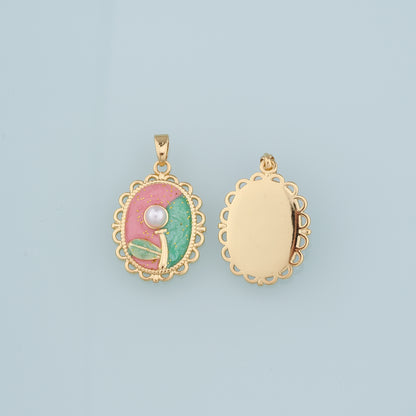 Gold Flower Charms,18K Gold Filled Oval Pearl Flower Pendant,Enamel Flower Charm Bracelet Necklace for DIY Jewelry Making Supply