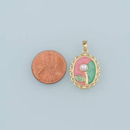 Gold Flower Charms,18K Gold Filled Oval Pearl Flower Pendant,Enamel Flower Charm Bracelet Necklace for DIY Jewelry Making Supply