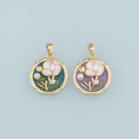 Gold Flower Charms,18K Gold Filled Round Pearl Flower Pendant,Enamel Flower Charm Bracelet Necklace for DIY Jewelry Making Supply