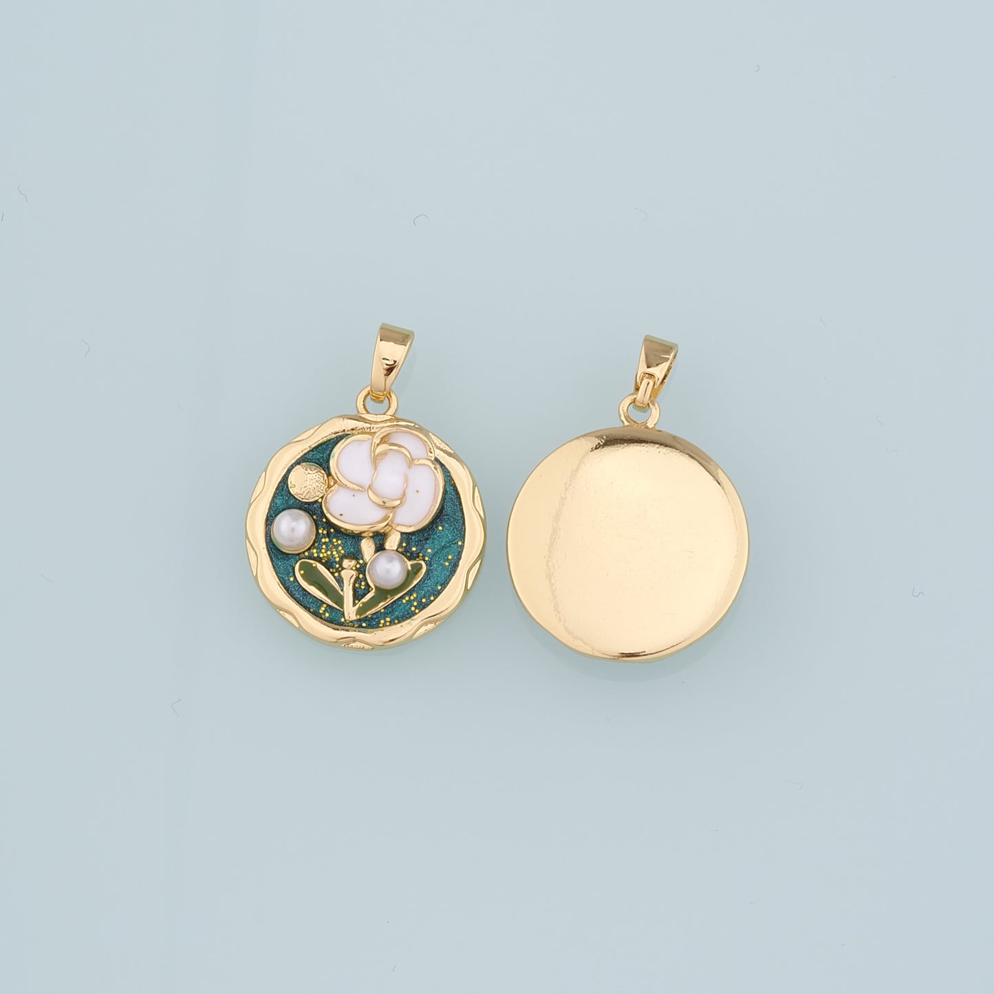 Gold Flower Charms,18K Gold Filled Round Pearl Flower Pendant,Enamel Flower Charm Bracelet Necklace for DIY Jewelry Making Supply