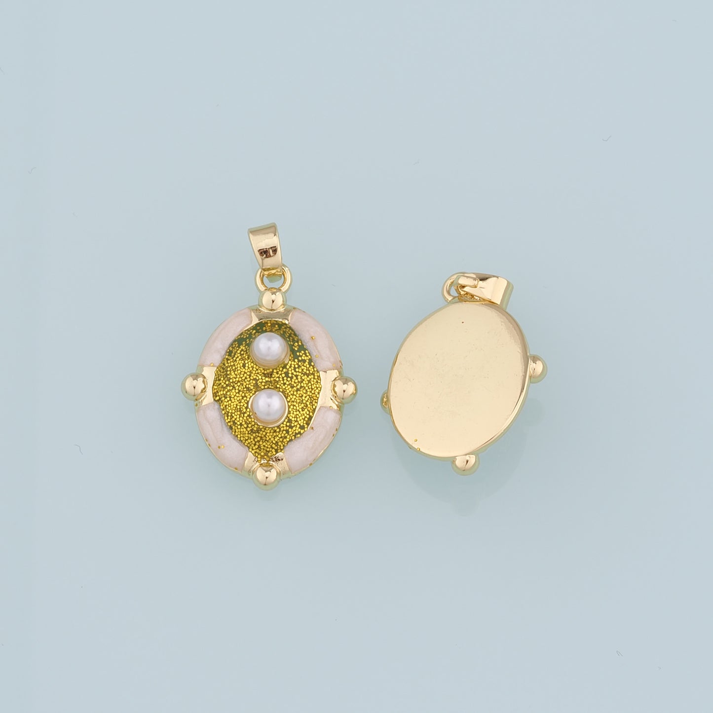 18K Gold Filled Pearl Oval Pendant,Enamel Oval Charm Bracelet Necklace for DIY Jewelry Making Supply