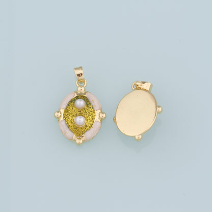 18K Gold Filled Pearl Oval Pendant,Enamel Oval Charm Bracelet Necklace for DIY Jewelry Making Supply