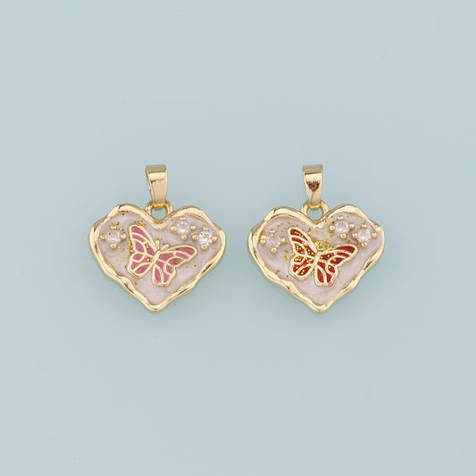 18K Gold Filled Heart Butterfly Pendant,Enamel Butterfly Charm Bracelet Necklace for DIY Jewelry Making Supply