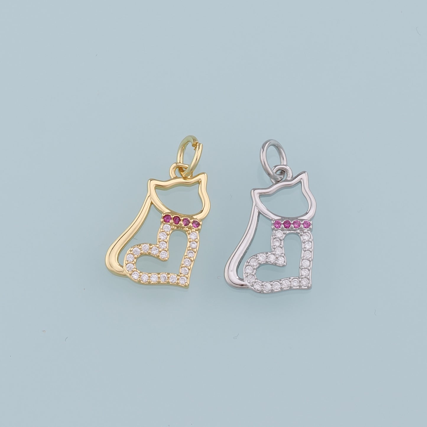 Gold Cat Charms,18K Gold Filled Heart Cat Pendant,CZ Micro Pave Cat Charm Bracelet Necklace for DIY Jewelry Making Supply