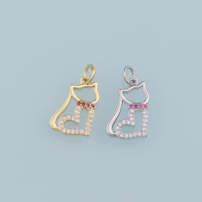 Gold Cat Charms,18K Gold Filled Heart Cat Pendant,CZ Micro Pave Cat Charm Bracelet Necklace for DIY Jewelry Making Supply