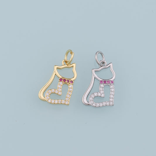 Gold Cat Charms,18K Gold Filled Heart Cat Pendant,CZ Micro Pave Cat Charm Bracelet Necklace for DIY Jewelry Making Supply