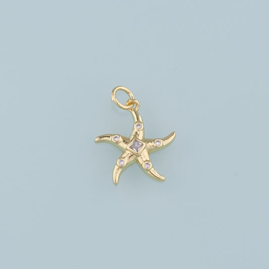 18K Gold Filled Starfish Pendant,CZ Starfish Charm Bracelet Necklace for DIY Jewelry Making Supply