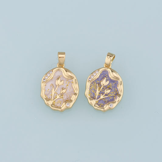 18K Gold Filled CZ Flower Pendant,Enamel Tulip Charm Bracelet Necklace for DIY Jewelry Making Supply