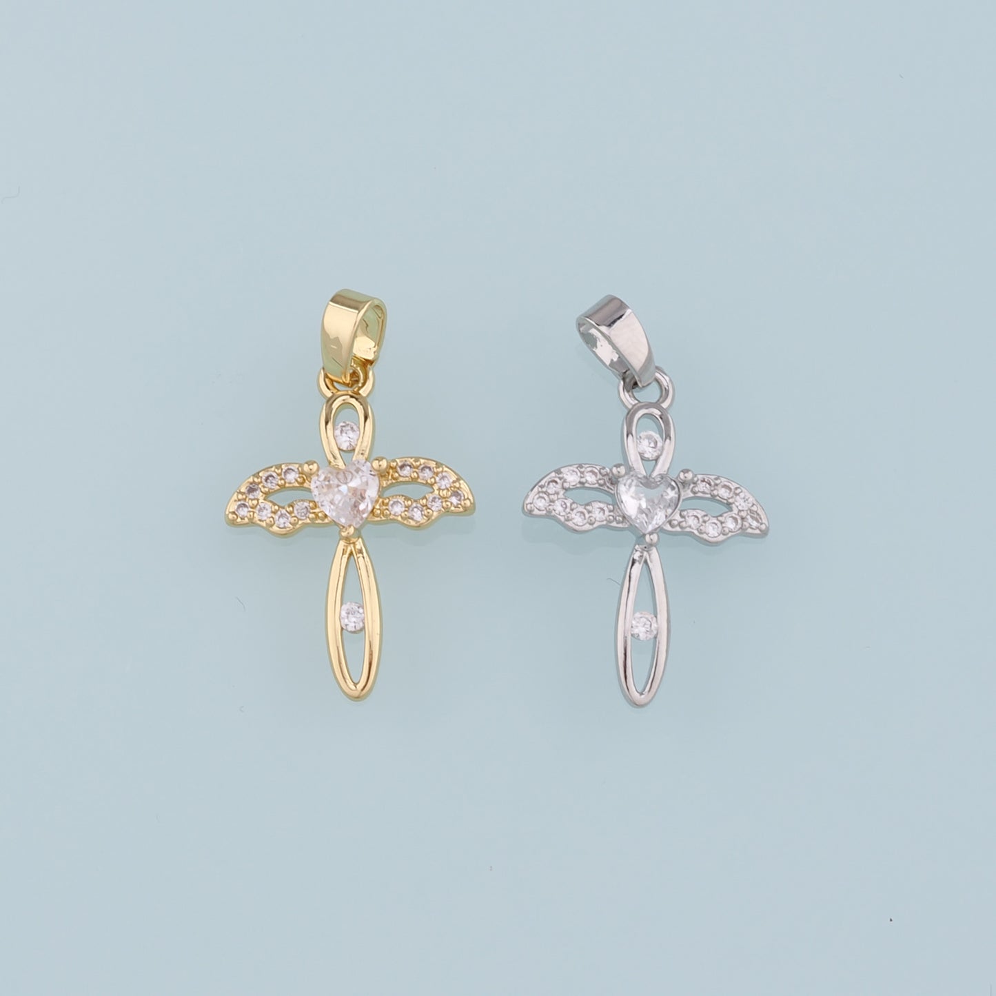 Gold Cross Charms,18K Gold Filled Cross Wings Pendant,CZ Micro Pave  Religion Charm Bracelet Necklace for DIY Jewelry Making Supply