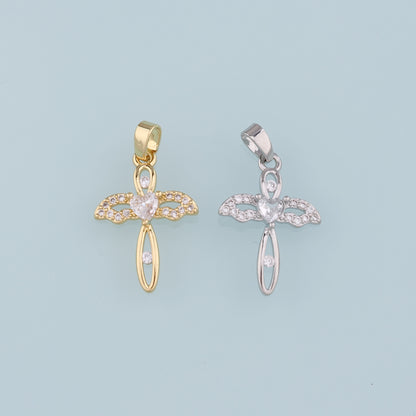 Gold Cross Charms,18K Gold Filled Cross Wings Pendant,CZ Micro Pave  Religion Charm Bracelet Necklace for DIY Jewelry Making Supply
