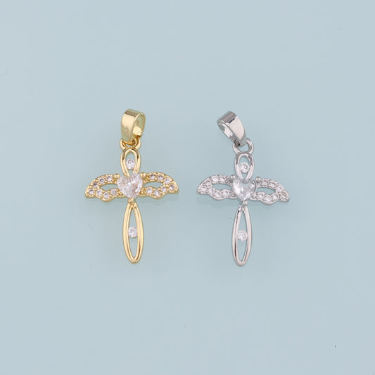 Gold Cross Charms,18K Gold Filled Cross Wings Pendant,CZ Micro Pave  Religion Charm Bracelet Necklace for DIY Jewelry Making Supply