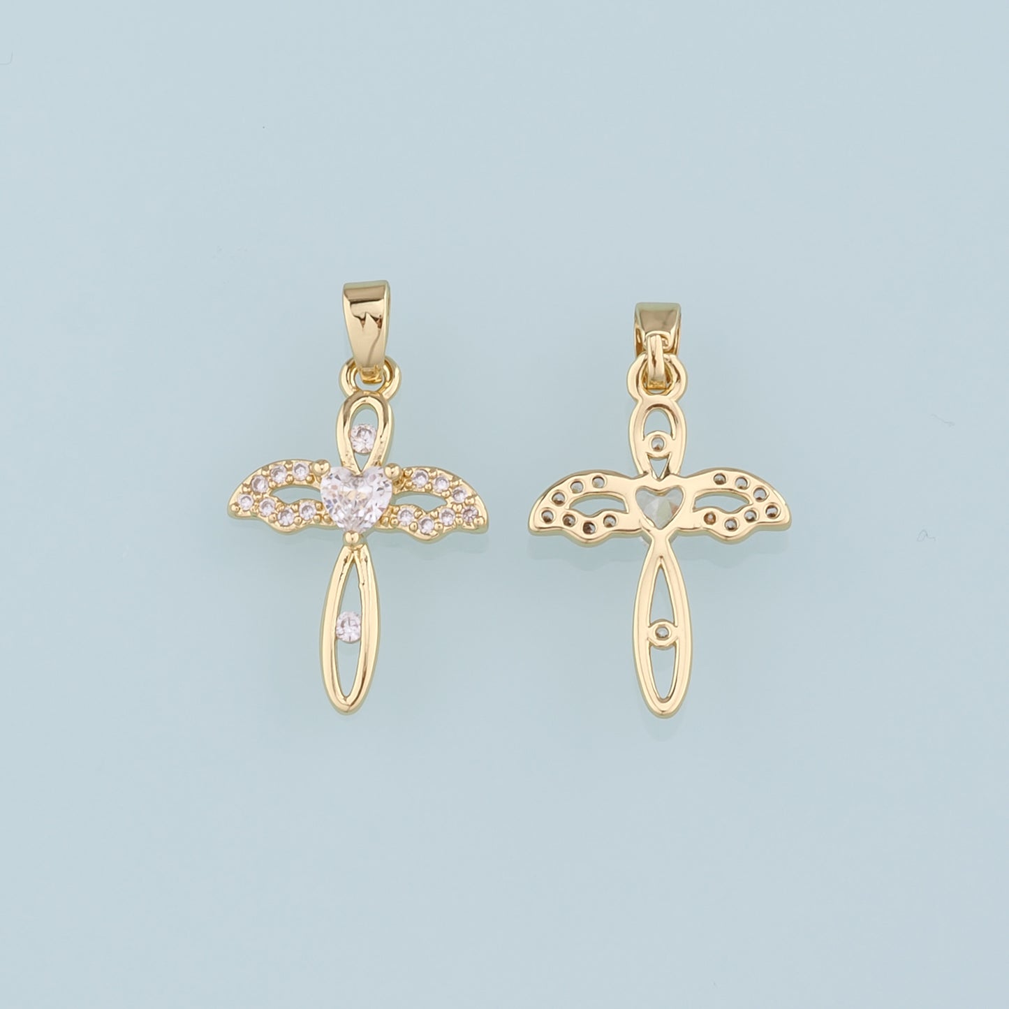 Gold Cross Charms,18K Gold Filled Cross Wings Pendant,CZ Micro Pave  Religion Charm Bracelet Necklace for DIY Jewelry Making Supply