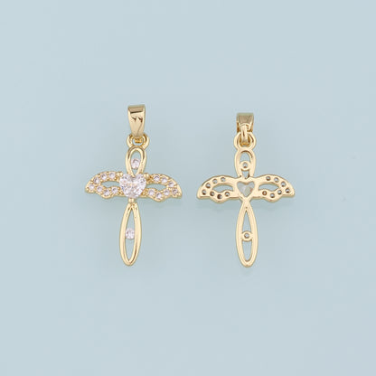 Gold Cross Charms,18K Gold Filled Cross Wings Pendant,CZ Micro Pave  Religion Charm Bracelet Necklace for DIY Jewelry Making Supply