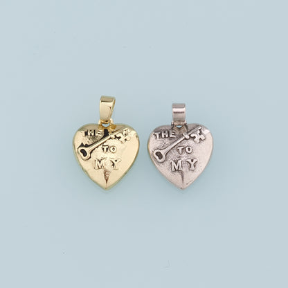 18K Gold Filled Retro Heart Key Pendant,Heart Charm Bracelet Necklace for DIY Jewelry Making Supply