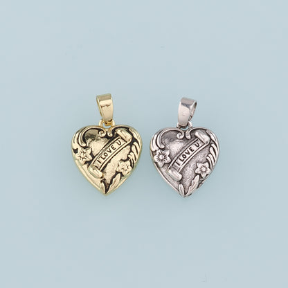 18K Gold Filled Retro Heart Pendant,I Love U Charm Bracelet Necklace for DIY Jewelry Making Supply