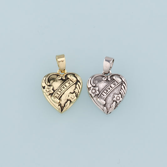 18K Gold Filled Retro Heart Pendant,I Love U Charm Bracelet Necklace for DIY Jewelry Making Supply