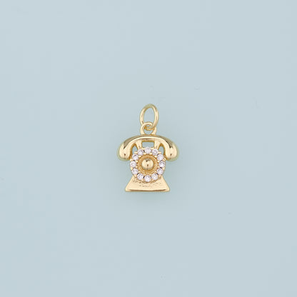 18K Gold Filled Telephone Pendant,CZ Micro Pave Telephone Charm Bracelet Necklace for DIY Jewelry Making Supply