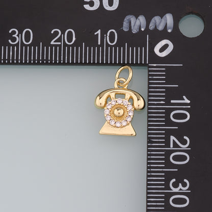 18K Gold Filled Telephone Pendant,CZ Micro Pave Telephone Charm Bracelet Necklace for DIY Jewelry Making Supply