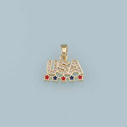 18K Gold Filled CZ Micro Pave USA Letter Pendant,Enamel Star Charm Bracelet Necklace for DIY Jewelry Making Supply
