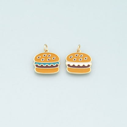 18K Gold Filled Hamburger Pendant,Enamel Gourmet Charm Bracelet Necklace for DIY Jewelry Making Supply