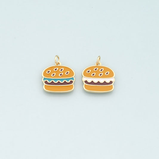 18K Gold Filled Hamburger Pendant,Enamel Gourmet Charm Bracelet Necklace for DIY Jewelry Making Supply