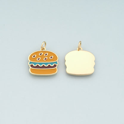 18K Gold Filled Hamburger Pendant,Enamel Gourmet Charm Bracelet Necklace for DIY Jewelry Making Supply