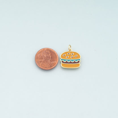 18K Gold Filled Hamburger Pendant,Enamel Gourmet Charm Bracelet Necklace for DIY Jewelry Making Supply