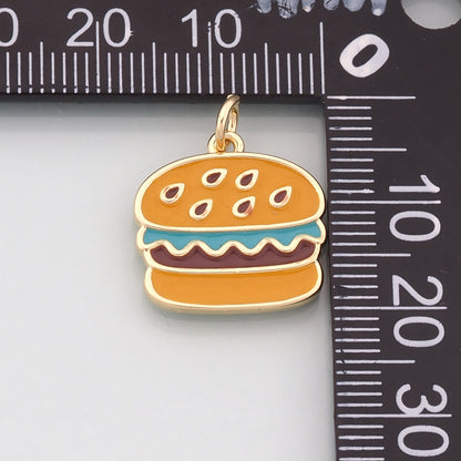 18K Gold Filled Hamburger Pendant,Enamel Gourmet Charm Bracelet Necklace for DIY Jewelry Making Supply