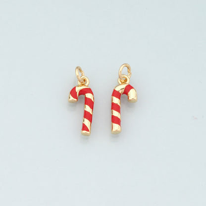 Gold Christmas Charms,18K Gold Filled Enamel Christmas Cane Pendant Charm Bracelet Necklace for DIY Jewelry Making Supply
