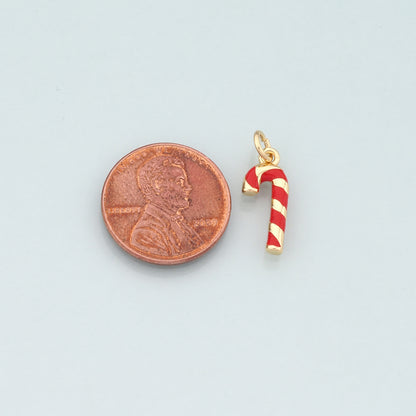 Gold Christmas Charms,18K Gold Filled Enamel Christmas Cane Pendant Charm Bracelet Necklace for DIY Jewelry Making Supply