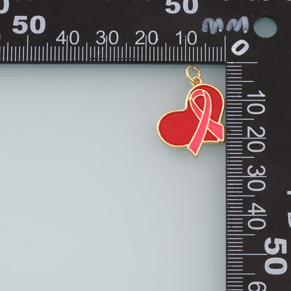 Gold Heart Charms,18K Gold Filled Enamel Ribbon Pendant,AIDS Charm Bracelet Necklace for DIY Jewelry Making Supply