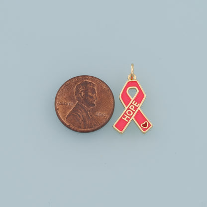Gold HOPE Charms,18K Gold Filled AIDS Pendant,Ribbon Ribbon Cancer Awareness Charm Bracelet Necklace for DIY Jewelry Making Supply