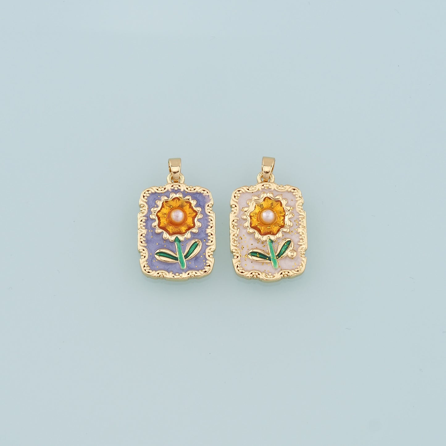 18K Gold Filled Pearl Sunflower Pendant,Enamel Daisy Charm Bracelet Necklace for DIY Jewelry Making Supply