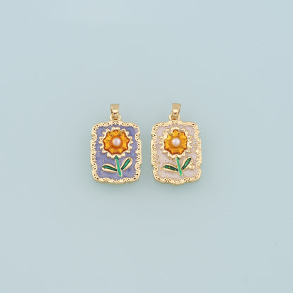 18K Gold Filled Pearl Sunflower Pendant,Enamel Daisy Charm Bracelet Necklace for DIY Jewelry Making Supply
