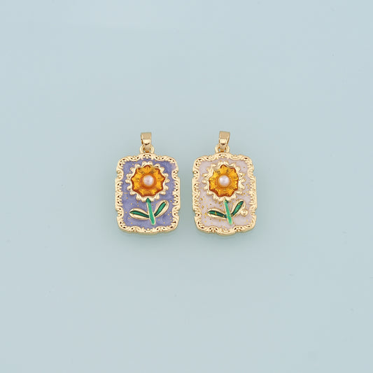 18K Gold Filled Pearl Sunflower Pendant,Enamel Daisy Charm Bracelet Necklace for DIY Jewelry Making Supply