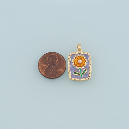 18K Gold Filled Pearl Sunflower Pendant,Enamel Daisy Charm Bracelet Necklace for DIY Jewelry Making Supply