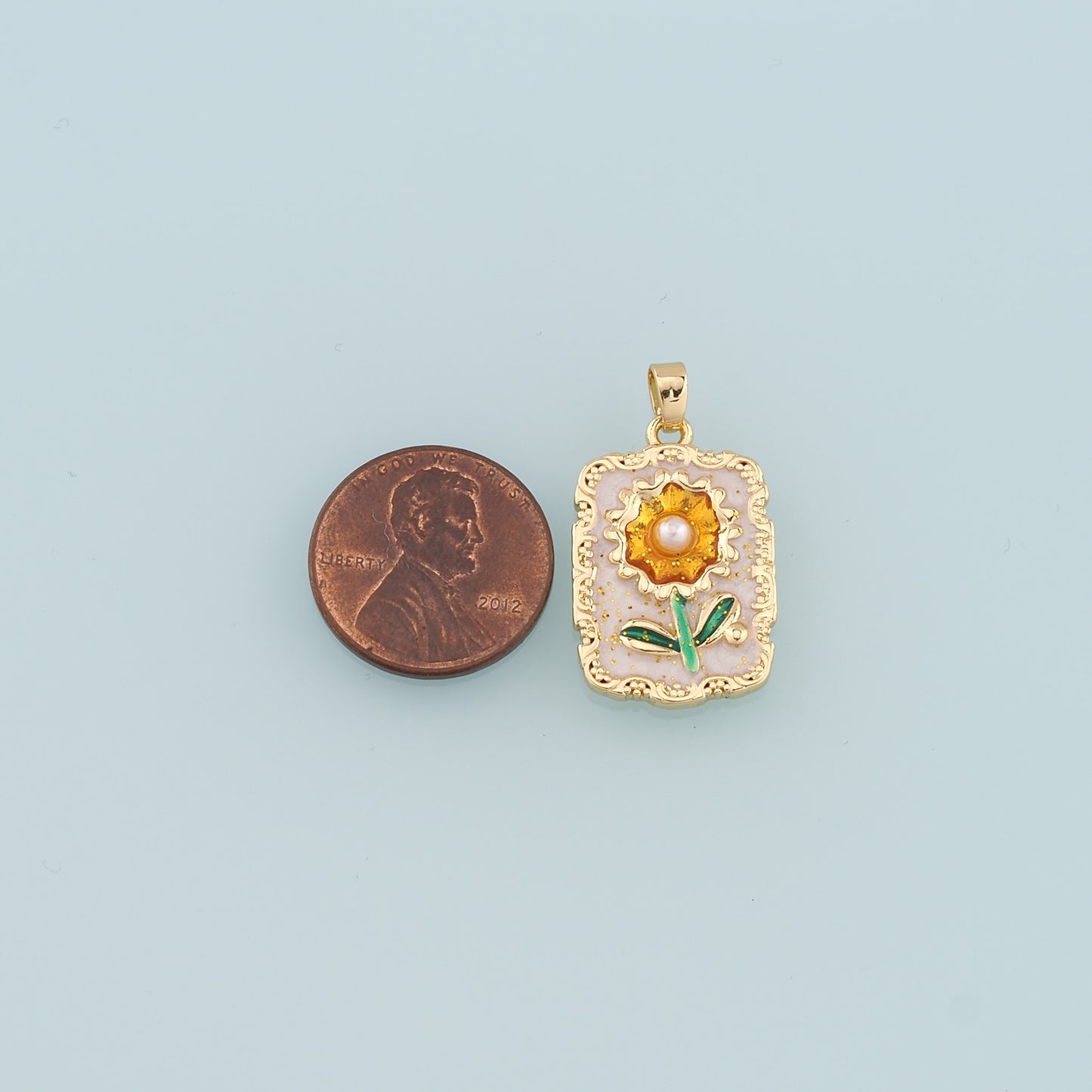 18K Gold Filled Pearl Sunflower Pendant,Enamel Daisy Charm Bracelet Necklace for DIY Jewelry Making Supply