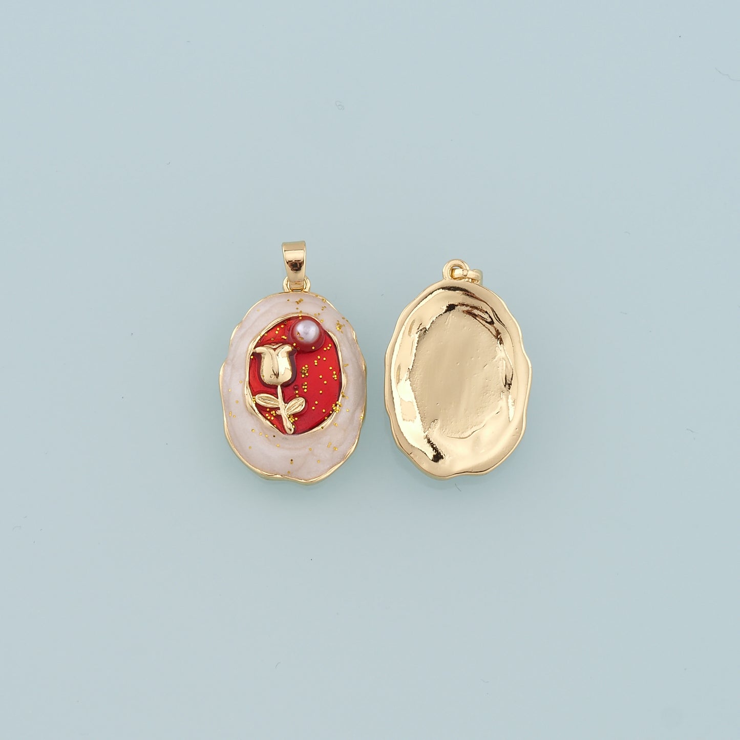 18K Gold Filled Pearl Tulip Pendant,Enamel Flower Charm Bracelet Necklace for DIY Jewelry Making Supply