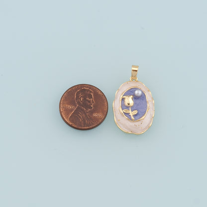 18K Gold Filled Pearl Tulip Pendant,Enamel Flower Charm Bracelet Necklace for DIY Jewelry Making Supply