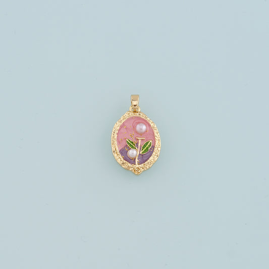 18K Gold Filled Pearl Flower Pendant,Enamel Flower Charm Bracelet Necklace for DIY Jewelry Making Supply