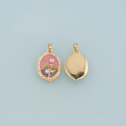 18K Gold Filled Pearl Flower Pendant,Enamel Flower Charm Bracelet Necklace for DIY Jewelry Making Supply