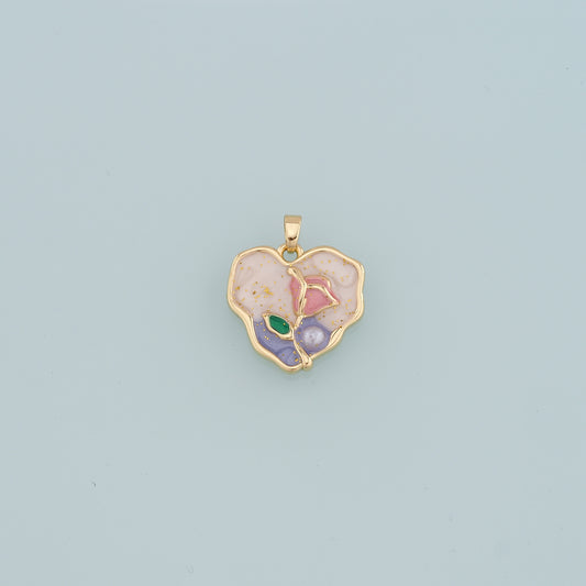 18K Gold Filled Heart Flower Pendant,Enamel Flower Charm Bracelet Necklace for DIY Jewelry Making Supply