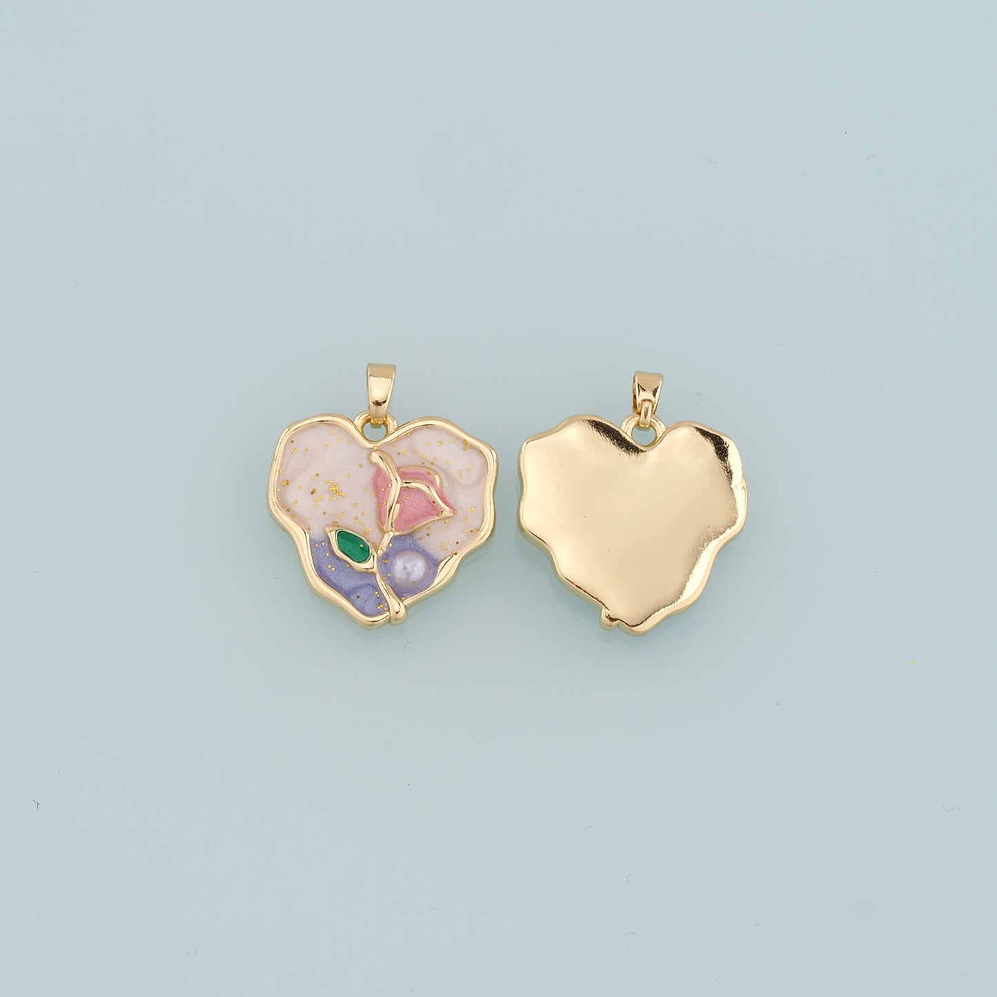 18K Gold Filled Heart Flower Pendant,Enamel Flower Charm Bracelet Necklace for DIY Jewelry Making Supply
