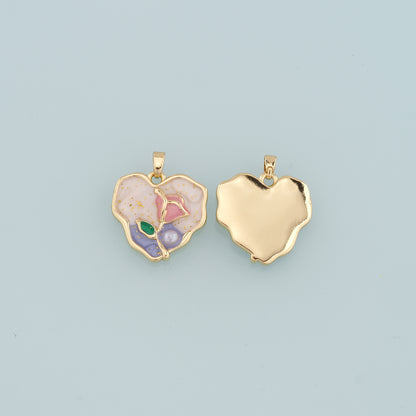 18K Gold Filled Heart Flower Pendant,Enamel Flower Charm Bracelet Necklace for DIY Jewelry Making Supply