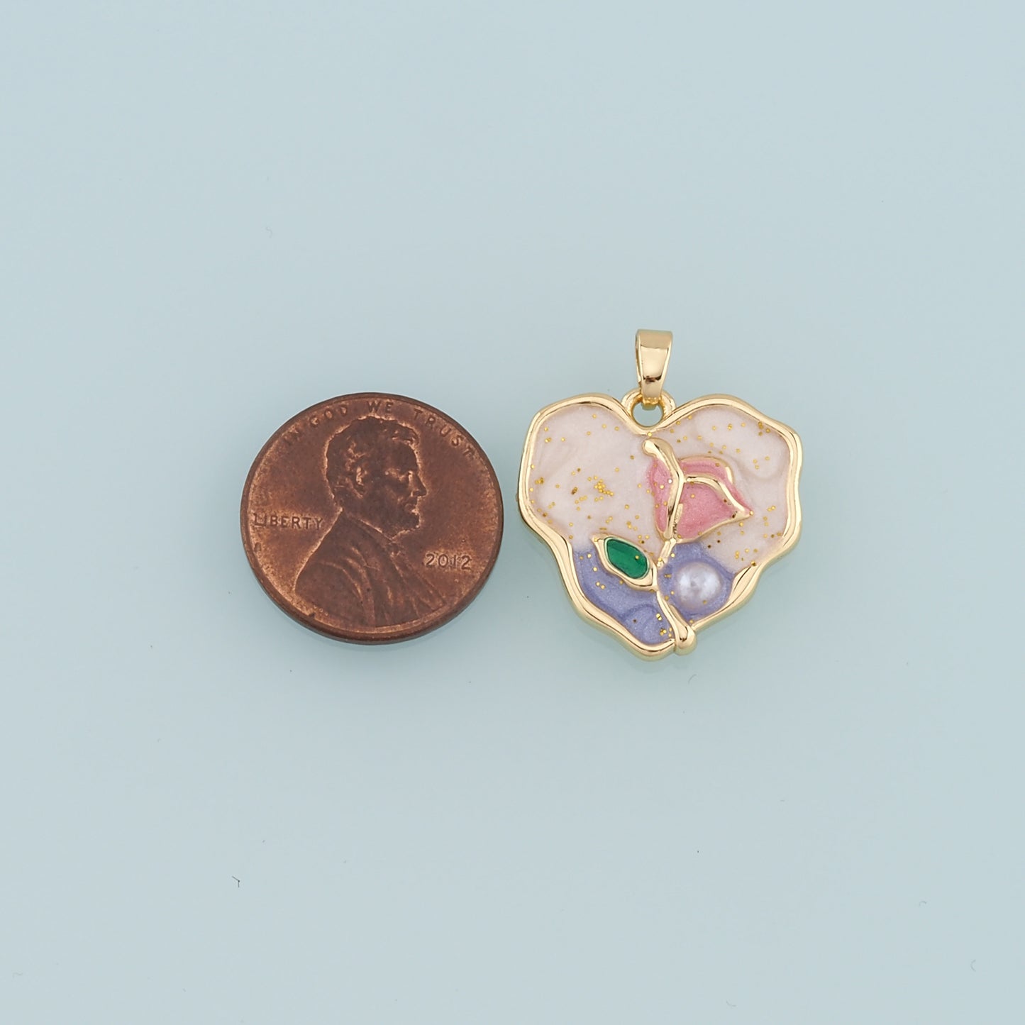 18K Gold Filled Heart Flower Pendant,Enamel Flower Charm Bracelet Necklace for DIY Jewelry Making Supply